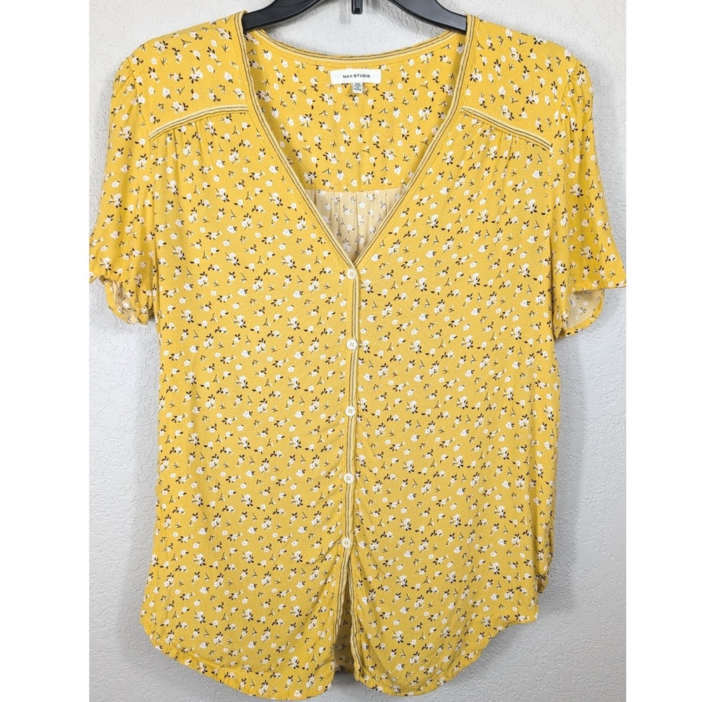 Max Studio‎ Blouse Womens Medium Mustard Yellow Floral Button Front Boho V-Neck